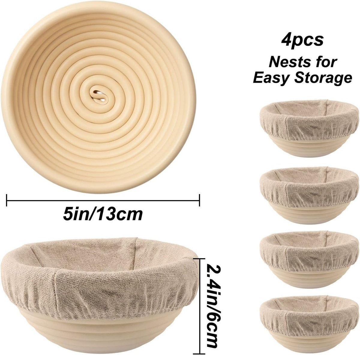 5 Inch Mini Banneton Bread Proofing Basket Set of 4, Easy-Clean Round Sourdough Proofing Basket, Small Banneton for Sourdough Bread Baking Supplies with Liners