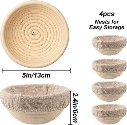5 Inch Mini Banneton Bread Proofing Basket Set of 4, Easy-Clean Round Sourdough Proofing Basket, Small Banneton for Sourdough Bread Baking Supplies with Liners