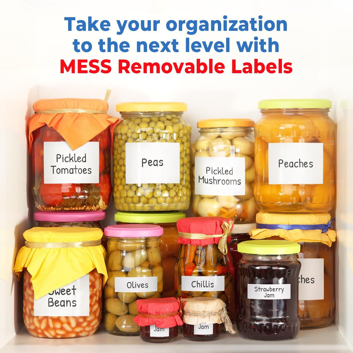 MESS Removable Food Labels for Containers (96-Pack) 1x3 & 1.5" Erasable Kitchen Labels for Organizing, Freezer & Fridge, White Dry Erase Labels for Jars