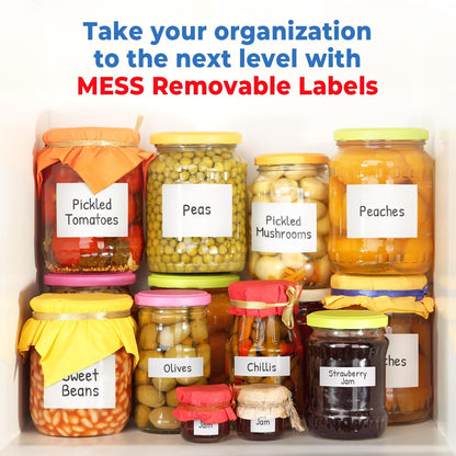 MESS Removable Food Labels for Containers (96-Pack) 1x3 & 1.5" Erasable Kitchen Labels for Organizing, Freezer & Fridge, White Dry Erase Labels for Jars