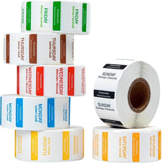 Restaurantware RW Smart 1 Inch x 1 Inch Food Rotation Labels 500 Dissolvable Food Safety Labels - Premium Trilingual Green Paper Day Of The Week Labels For Food Storage Or Prep Friday