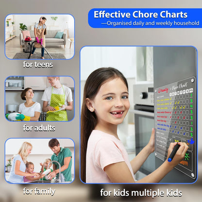 PigPotParty Acrylic Magnetic Chore Chart for Adults, 12x9.5 Inch Clear Dry Erase Chore Board for Fridge, Daily Weekly and Notes Sections, Pre-Installed Embedded Magnets, 8 Fine-tip Markers and Towel