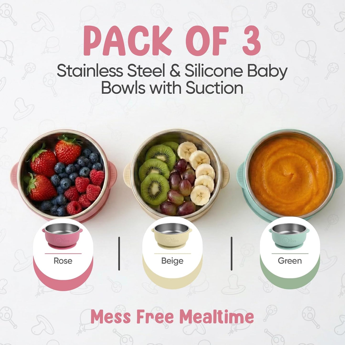 o'doe Suction Bowls for Baby - Non-Toxic Stainless Steel Baby Bowls 5" with Non-Slip Removable Silicone Shell - BPA-Free Toddler Bowls (Green + Rose + Beige)