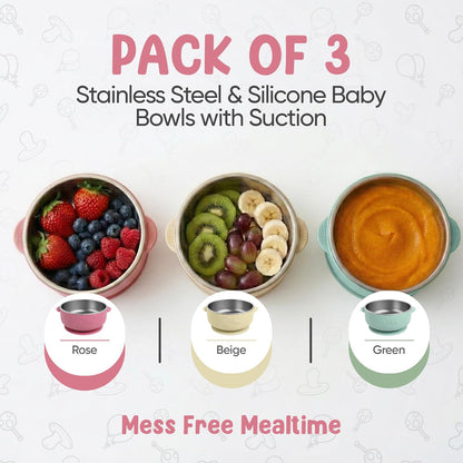 o'doe Suction Bowls for Baby - Non-Toxic Stainless Steel Baby Bowls 5" with Non-Slip Removable Silicone Shell - BPA-Free Toddler Bowls (Green + Rose + Beige)