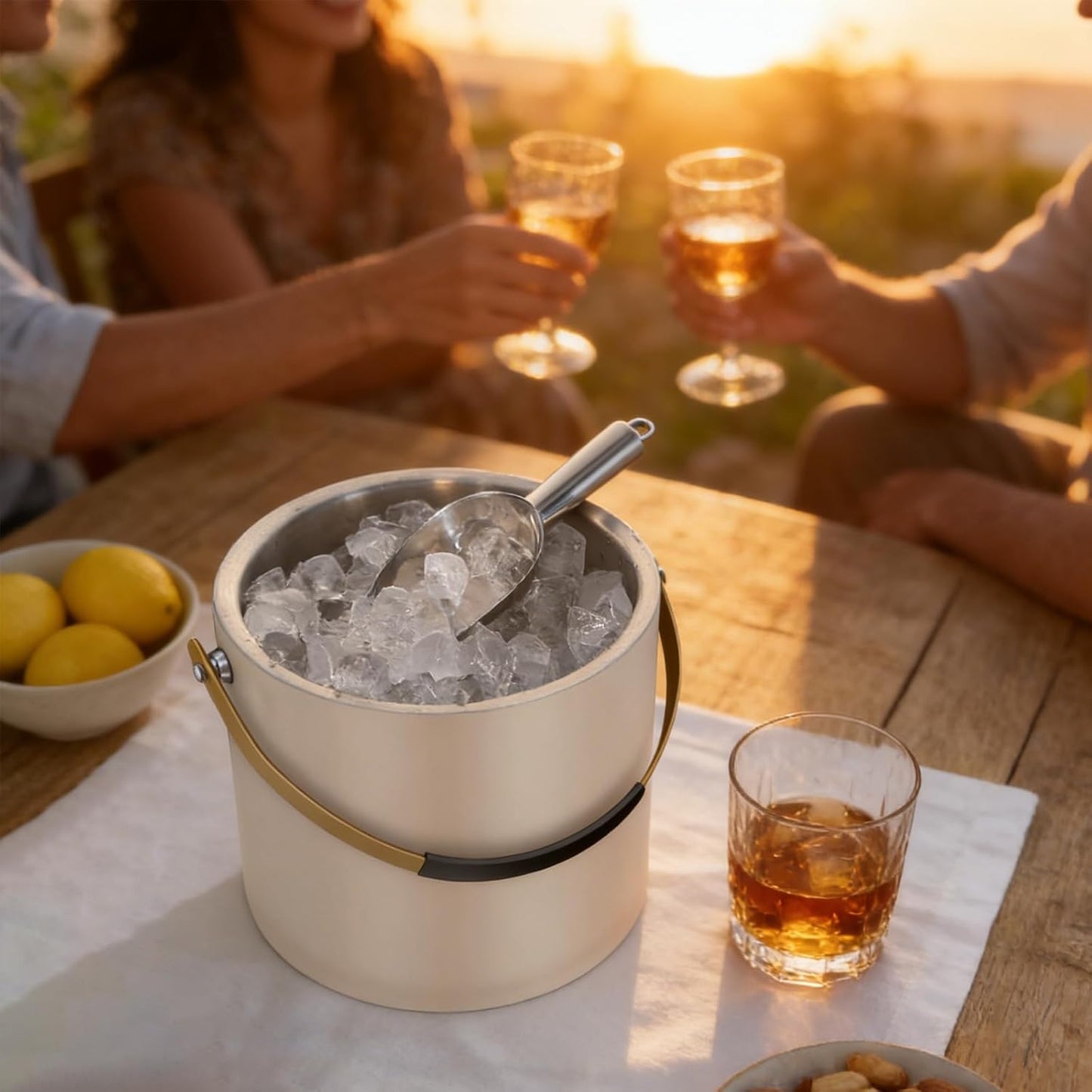 3.2L/3.4QT Modern Insulated Ice Bucket with Silicone Lid, Scoop, Strainer, Double Wall Stainless Steel Ice Bucket for Parties & Cocktail Bar,Ideal for Gift(Black)