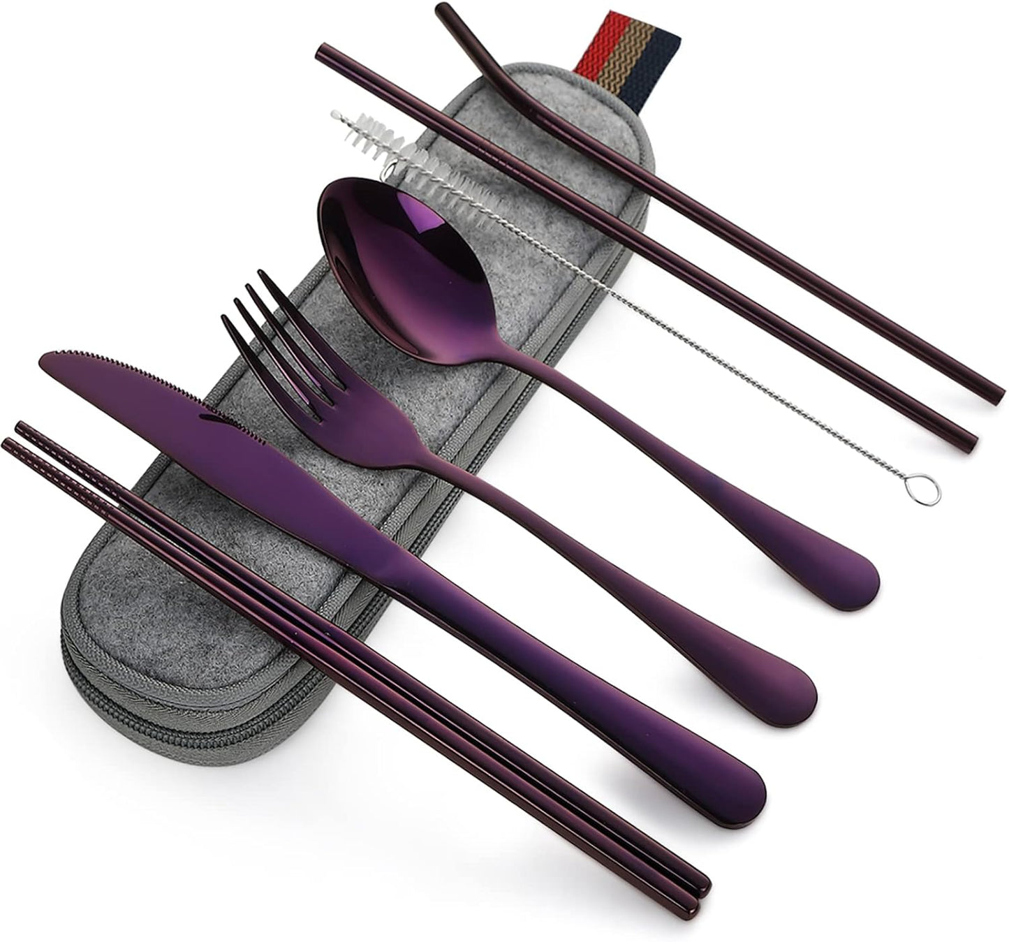 DEVICO Camping Utensils, 8-Piece Full-Size Reusable Silverware for Lunch Adult, Stainless Steel Portable Fork Spoon Knife Set for Work, Travel Cutlery Set with Case and Chopsticks Straws (Rainbow)