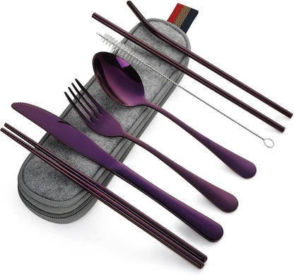 DEVICO Camping Utensils, 8-Piece Full-Size Reusable Silverware for Lunch Adult, Stainless Steel Portable Fork Spoon Knife Set for Work, Travel Cutlery Set with Case and Chopsticks Straws (Rainbow)