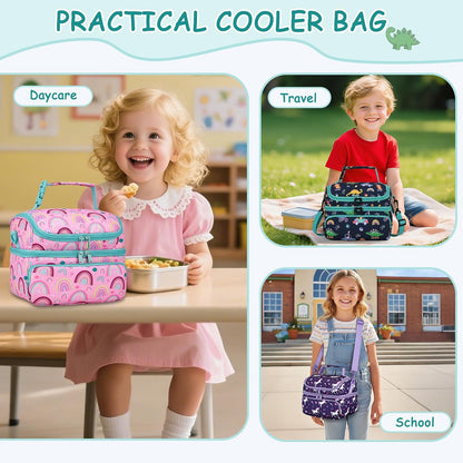 Kasqo Lunch Bag Kids, Dual Compartment Insulated Cooler Bag 7.5L Girls Boys Toddler Lunch Box Containers for Daycare School Kindergarten Travel Ombre Butterfly