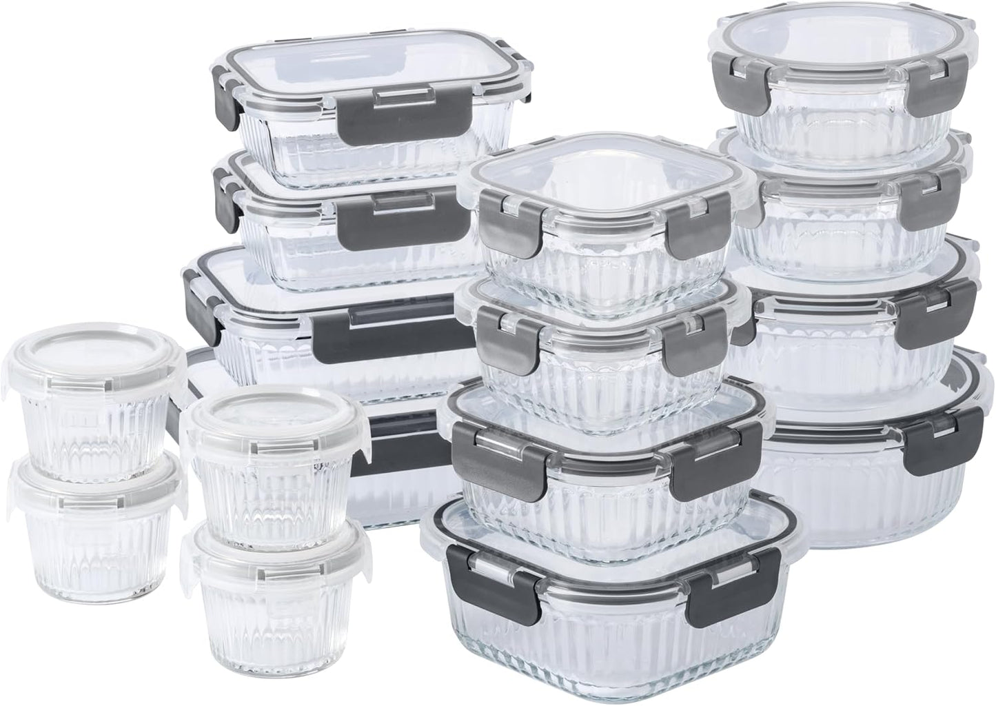 COOK WITH COLOR Premium 32-Pc. Borosilicate Glass Food Container Set with Dividers - 4 Rectangles, 8 Rounds, 4 Squares - Leakproof Lids - Meal Prep, Storage, Grey