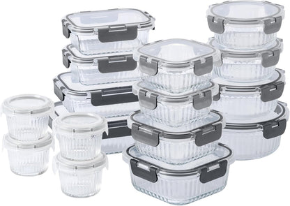 COOK WITH COLOR Premium 32-Pc. Borosilicate Glass Food Container Set with Dividers - 4 Rectangles, 8 Rounds, 4 Squares - Leakproof Lids - Meal Prep, Storage, Grey