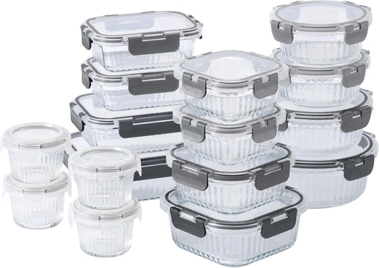 COOK WITH COLOR Premium 32-Pc. Borosilicate Glass Food Container Set with Dividers - 4 Rectangles, 8 Rounds, 4 Squares - Leakproof Lids - Meal Prep, Storage, Grey