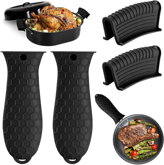 4 Pack Silicone Hot Handle Holder Cover Cast Iron Handle Cover Silicone Pot Holders Heat Resistant Assist Pan Handle Sleeve Non-Slip Pot Handle Covers for Cast Iron Skillet Metal Pan(Black)