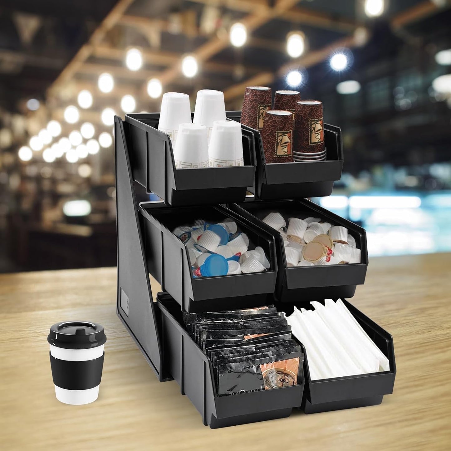 Serve Condiment Bin, Plastic Containers Storage Bins, Condiment Organizer, 3 Tier 6 Compartments Plastic Storage Bins Coffee Bar Beverage Station