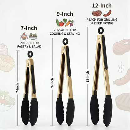 2-Piece Kitchen Spatula Tongs Food Serving Tongs 9" and 12" Cooking with BPA Free Silicone Tips, Toaster Steak Pie Pizza Pasta Spaghetti Noodles Salad Grill BBQ Buffet Clamp Serving Tools(Gold)