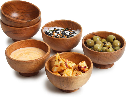 Acacia wood small bowls, 4 fl oz 3.2 * 2 inches | Hand carved small dipping bowls for sauce, salsa. Little bowls for ingredient prep, spices | Charcuterie boards accessories