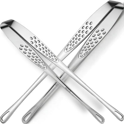 Stainless Steel Food Tongs, Anti Slip Cooking Clip. (2-PC Set) | Perforated Breathable Design, Long Heat-Resistant Handle, Suitable for Grilling, Frying, and Food Recycling