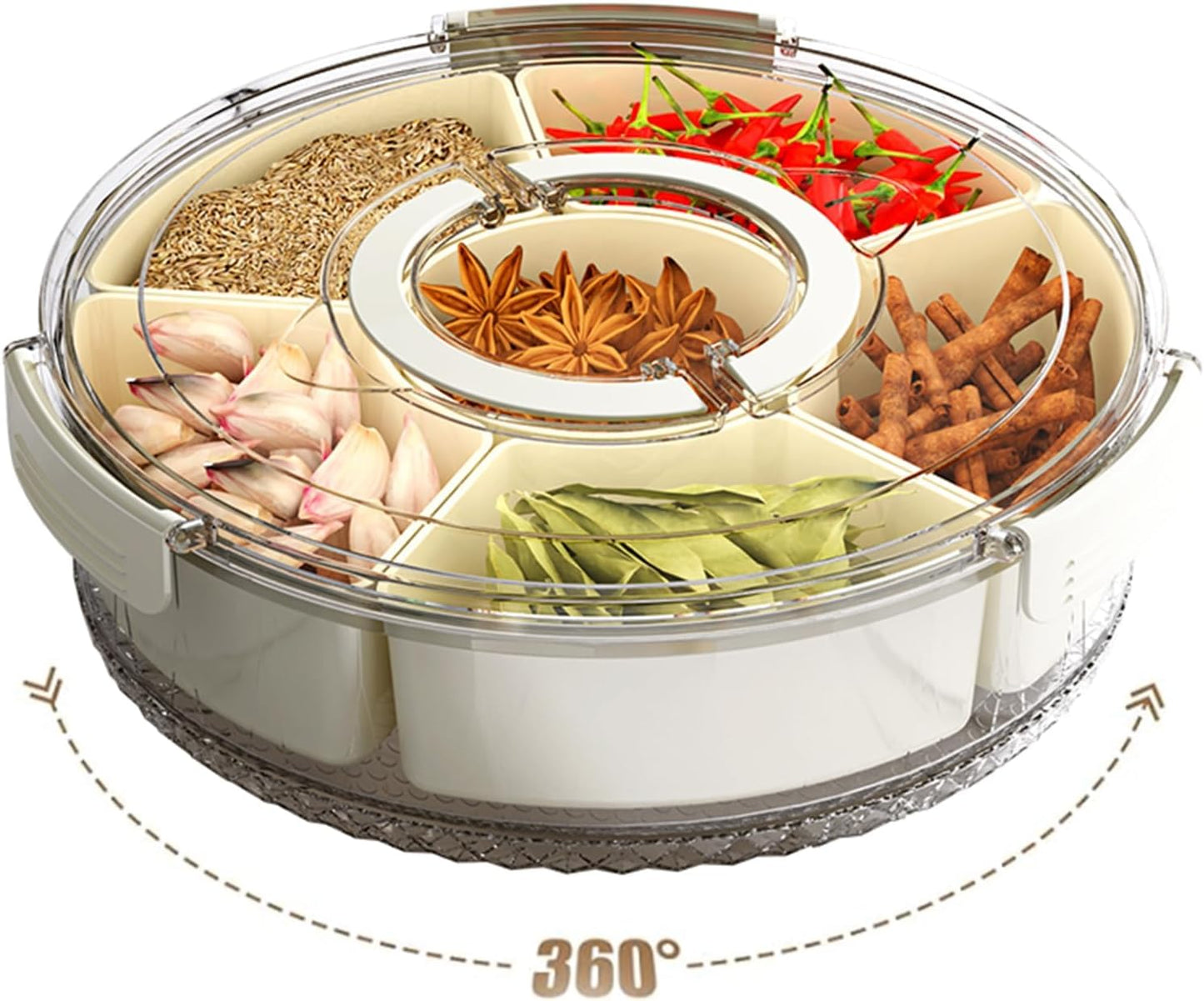 Rotating Divided Serving Tray with Lid and Handle,6 Compartments Snackle Box Container,12" Large Snack Spinner Lazy Susan,Fruit Veggie Tray Portable Round Snack Box Candy Fridge Organizer Platterbox