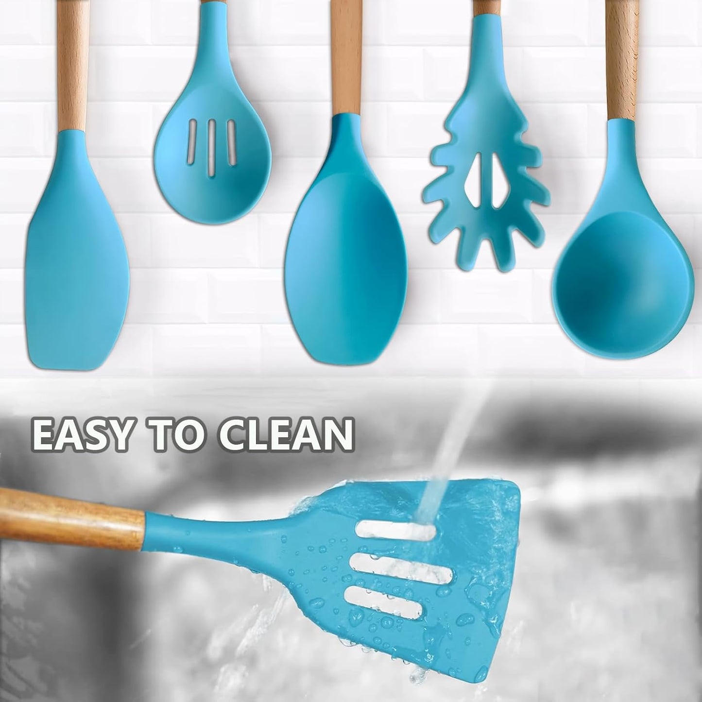 Kitchen Cooking Utensils Set, 6Pcs Silicone Kitchen Utensils Set Spatula Spoon Soup Ladle Turner, Heat Resistant Wooden Handle Silicone Cooking Gadgets for Nonstick Cookware & Baking BPA FREE