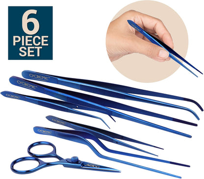 O'Creme Set of Culinary Tweezer Tongs Offset, Straight and Curved, Plus Super Sharp Chef Scissors, Total 6 Pieces (Rose Gold)
