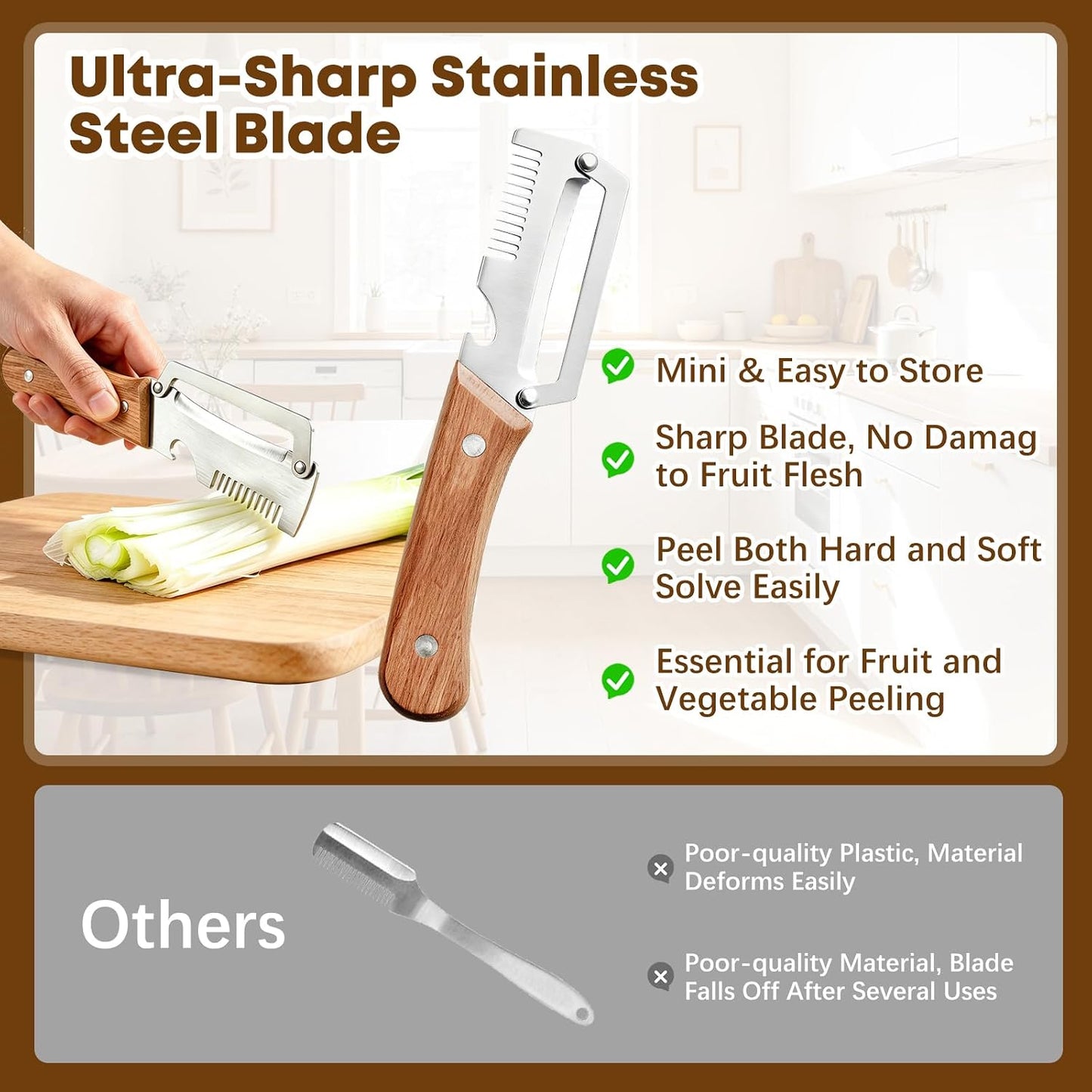 Left & Right Hand Vegetable Peeler Set with Scallion Slicer & Bottle Opener, Heavy-Duty Thick Stainless Steel Blade, Multi-Function Kitchen Peeler with Wooden Handle for Fruits & Vegetables(New 2pcs)