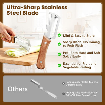 Left & Right Hand Vegetable Peeler Set with Scallion Slicer & Bottle Opener, Heavy-Duty Thick Stainless Steel Blade, Multi-Function Kitchen Peeler with Wooden Handle for Fruits & Vegetables(New 2pcs)