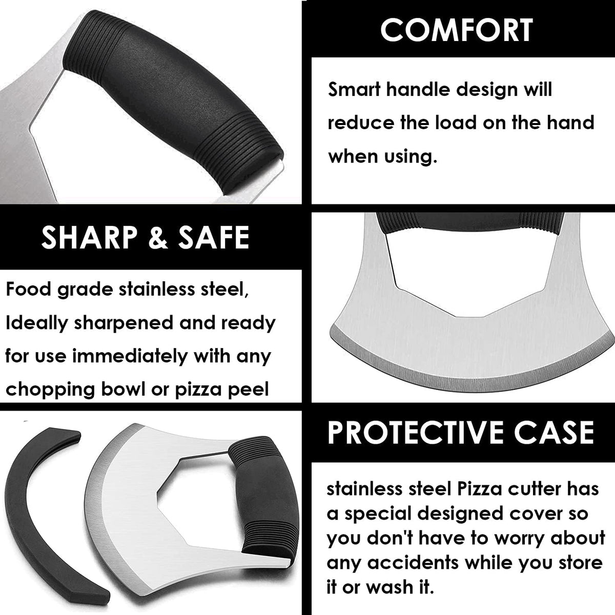 KAYCROWN Mezzaluna Knife Pizza Cutter Salad Chopper - Stainless Steel Sharp Rocker Ulu Knife with Protective Cover for Cutter Pizza, Meat, Vegetables, Herbs, Salad