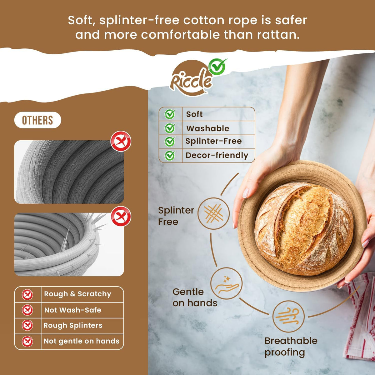 RICCLE Banneton Bread Proofing Basket, 2 Round Sourdough Banneton Baskets