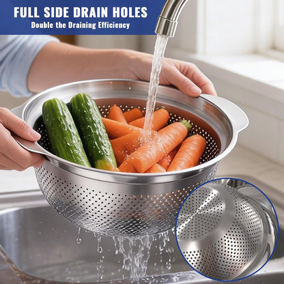 Stainless Steel Colander Set of 2, Nesting Kitchen Strainers with Handles & Stable Base, One-Piece Pasta Drainer for Fruit, Vegetables & Food Prep, Dishwasher Safe(2QT&3QT)