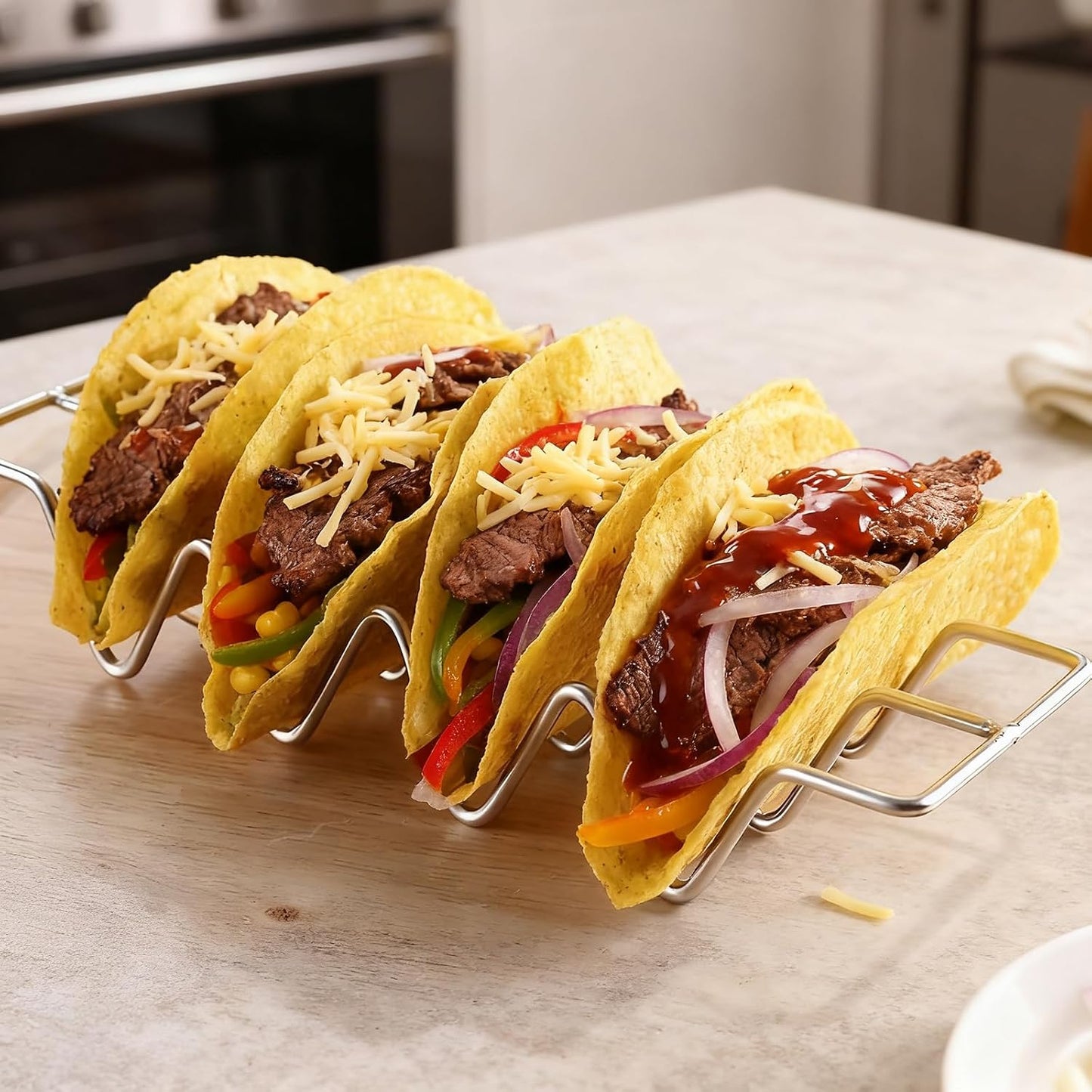 Taco Holders set of 4, Stainless Steel Taco Shell Holder Stand Rack, Holds 4 Tortillas Each, Taco Tray Plates for Taco Bar, Oven Safe for Baking, Dishwasher and Grill Safe, Taco Holders Rack