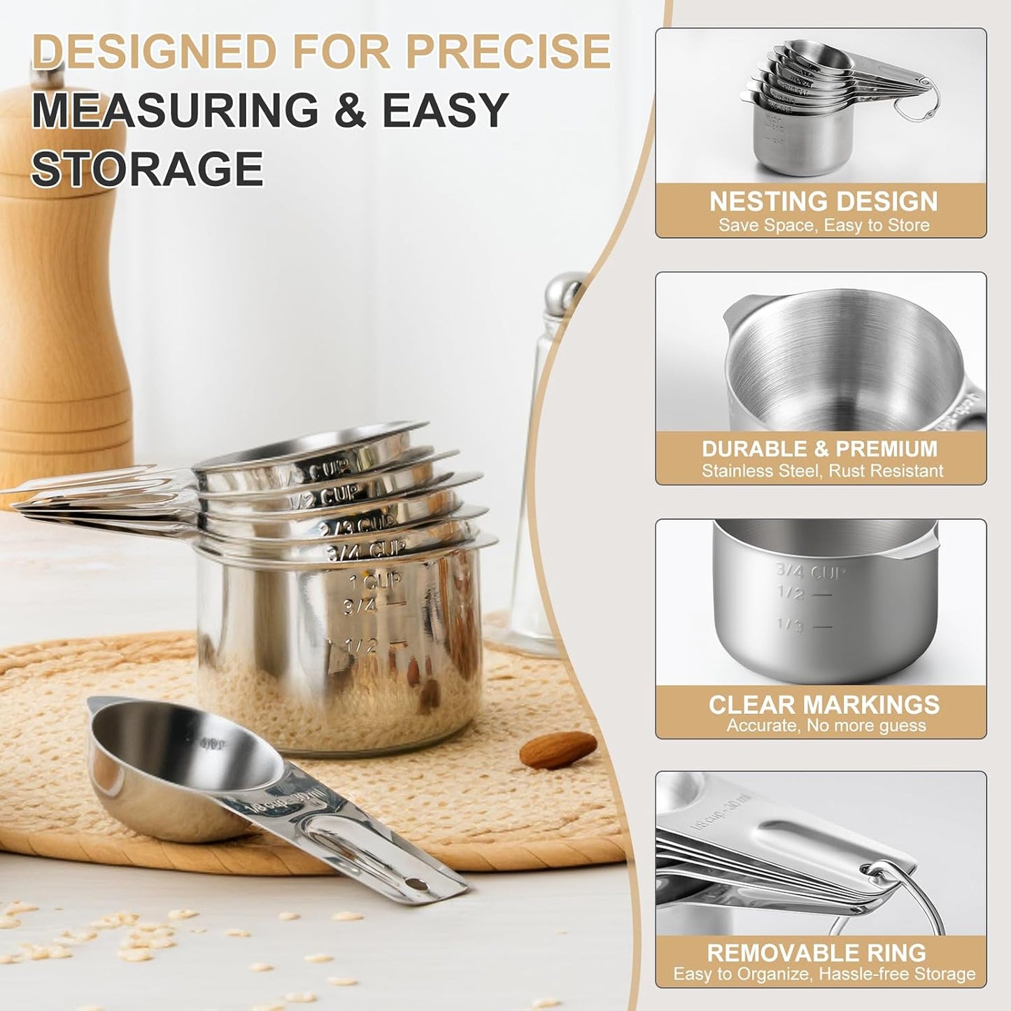 EWFEN Measuring Cups and Spoons Set, 7 Stainless Steel Nesting Measuring Cups & 7 Spoons, 5 Mini Measuring Spoons & 2 Detachable Rings, Kitchen Gadgets for Cooking & Baking, Round