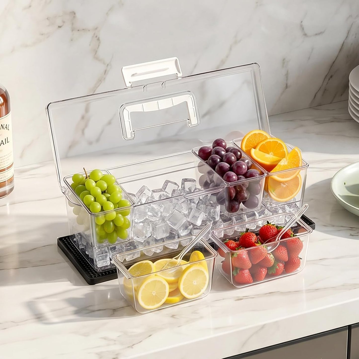 VEVOR Chilled Condiment Server Caddy, 5 Compartment Ice Cooled Serving Container, Plastic Fruit Garnish Tray Platter with Lid, for Taco Salad Bar Accessories, Party Home Restaurant Supplies