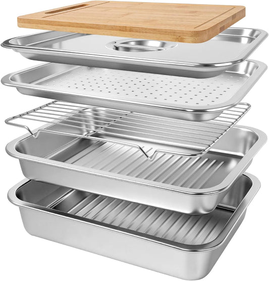 6-in-1 Grilling Prep and Serve Trays Set, 15.7" Stainless Steel Grill Carry System with Lid, Punched Tray, Draining Rack and Bamboo Cutting Board, BBQ Meat Marinade Container, Grilling Gifts for Men