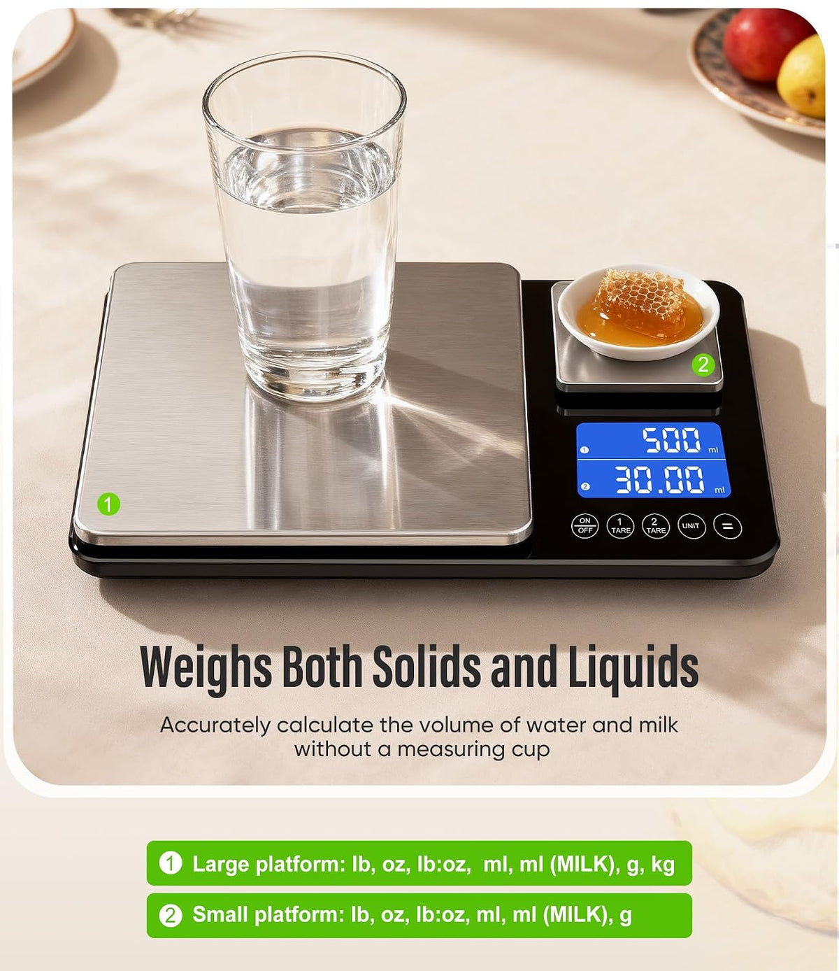 Digital Dual Platform Kitchen Scale, 33 lb Large & 1.1 lb Mini Food Scale with Dual-Line LCD Display, Stainless Steel, High Precision for Baking, Cooking, and Meal Prep