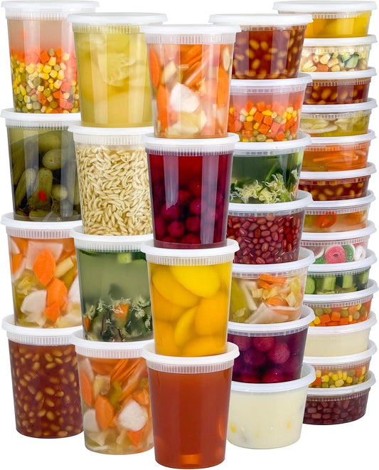 Dipoo 60 Sets (120-Piece) Deli Containers with Lids, 32/16/8 oz X 20 Set Each, Leak-Proof & BPA Free Airtight Takeout Plastic Food Storage Containers for Soup, Freezer/Microwave/Dishwasher Safe