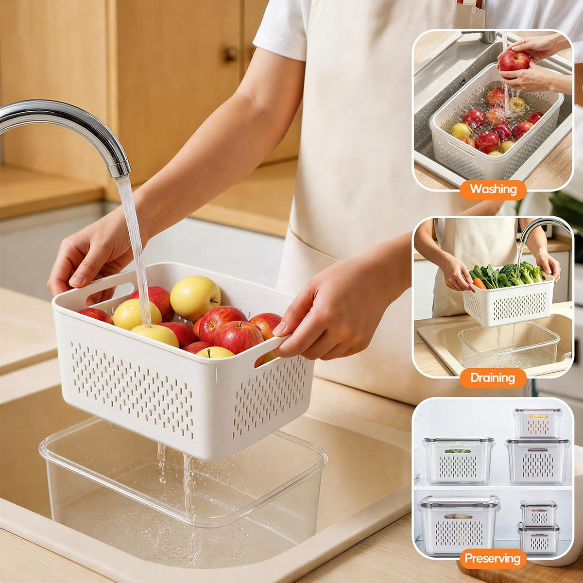 Fruit Storage Containers for Fridge - 6 Pack Produce Storage Containers with Removable Colander, Leakproof Refrigerator Fruit Organizers Keep Berry Veggie Salad Meat Fresh Longer, Largest 6.55 Quart