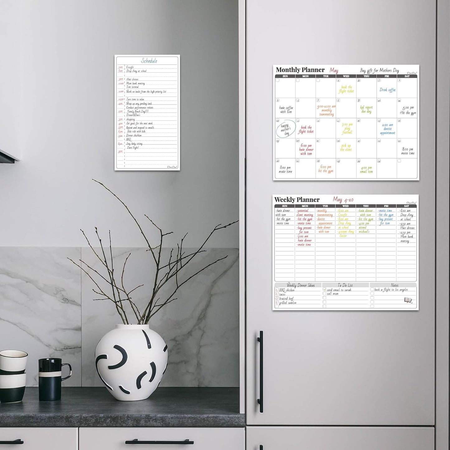 Non-Magnetic Dry Erase Calendar Set for Fridge - Reusable Monthly and Weekly Calendar Sticks to Most Smooth Surfaces - 6 Dry Erase Markers Included - Shipped Flat