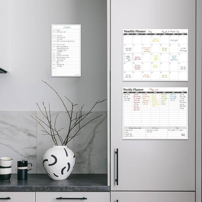 Non-Magnetic Dry Erase Calendar Set for Fridge - Reusable Monthly and Weekly Calendar Sticks to Most Smooth Surfaces - 6 Dry Erase Markers Included - Shipped Flat