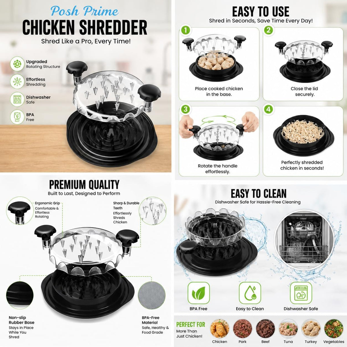 Chicken Shredder Tool Twist – Large Meat Shredder with Silicone Tongs & Non-Slip Mat Included | BPA Free, Dishwasher Safe, Ergonomic Handle | Shreds Chicken, Pork & Beef in Seconds (Black)