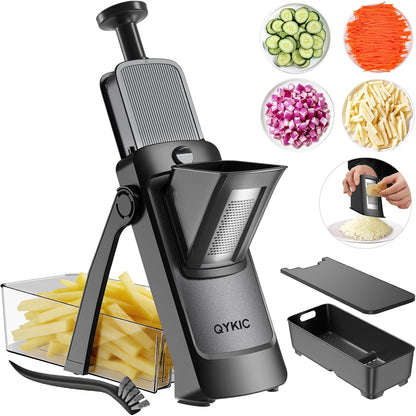 8 in 1 Mandoline Slicer for Kitchen, Vegetable Chopper, Potato Slicer, Fry Cutter Onion Chopper with Drain Basket Food Container with Lid, Stainless Steel Cheese Grater for Quick Meal Pre (Black)