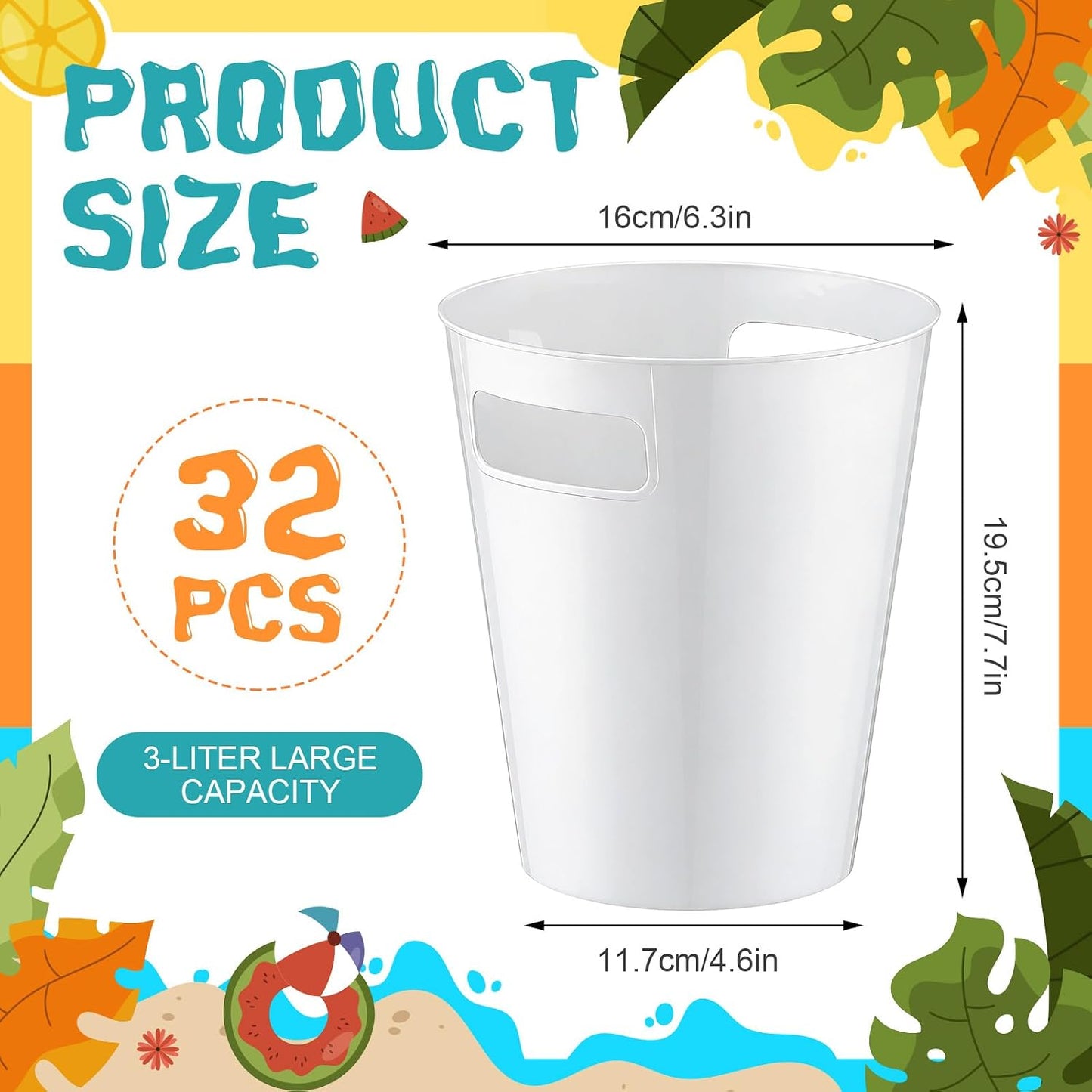 meekoo 32 Pack White Ice Buckets for Parties, 3l Plastic Beverage Bucket with Handle, Large Drink Tub Cooler for Champagne, Wine, Beer, and Soda, Beverage Tubs for Wedding, Bar, Table Display