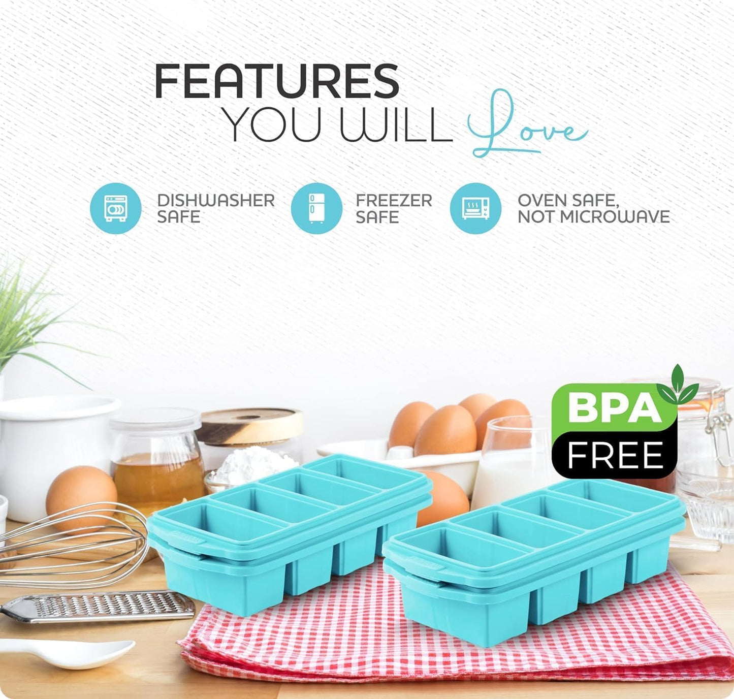 XOMOO Silicone Freezer Tray With Lid-Soup Freezer Container molds-2-cup Extra Large Ice Cube Tray-makes 4 perfect 500ml portions cubes, For freezing soup,stews,sauces.Oven&Dishwasher-Safe(2-Pack)