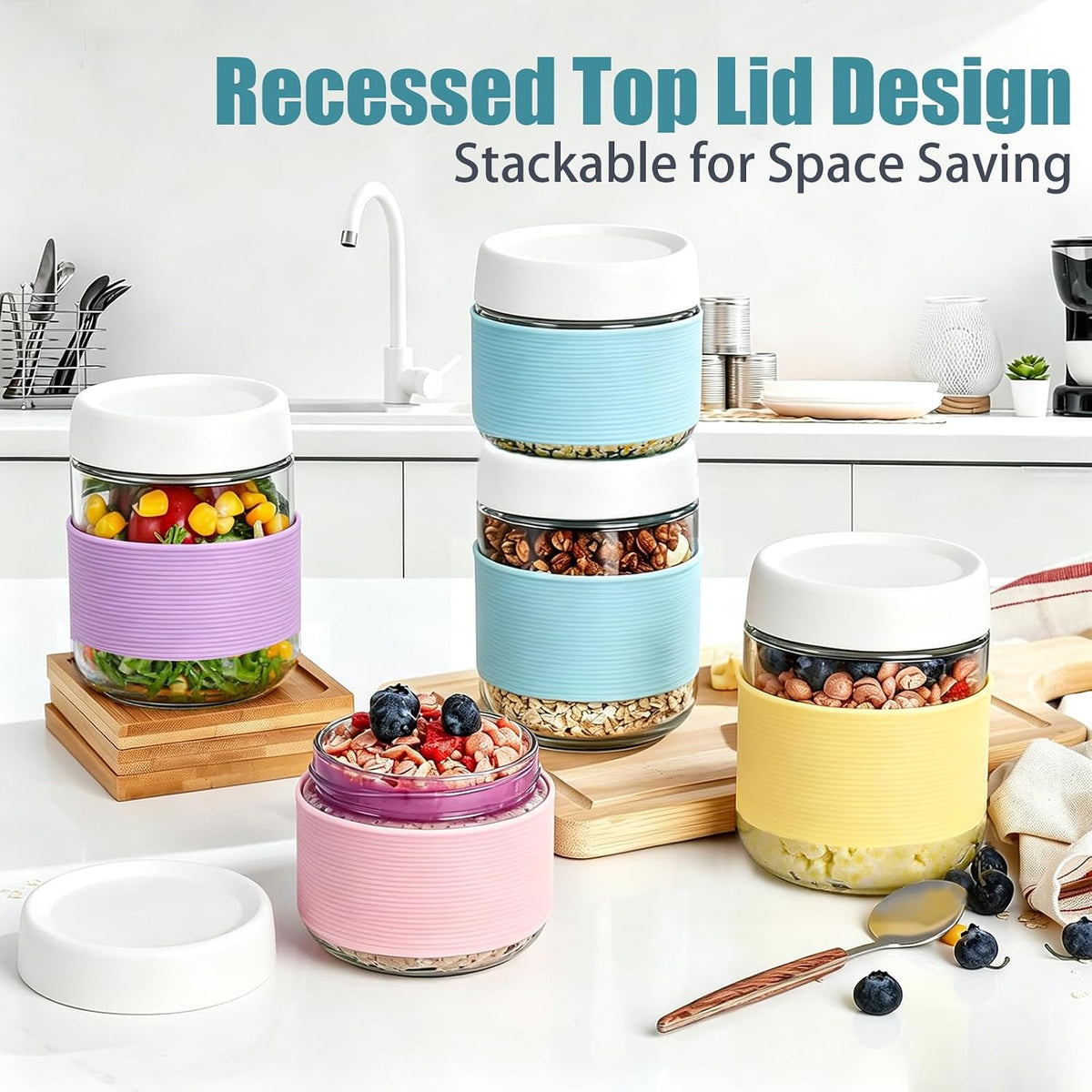 16 oz (6 Pack) Overnight Oats Containers with Airtight Lids and Silicone Sleeves, Leakproof Glass Meal Prep Containers, Wide Mouth Cookie Jars for Yogurt Chia Salad Smoothies Snacks
