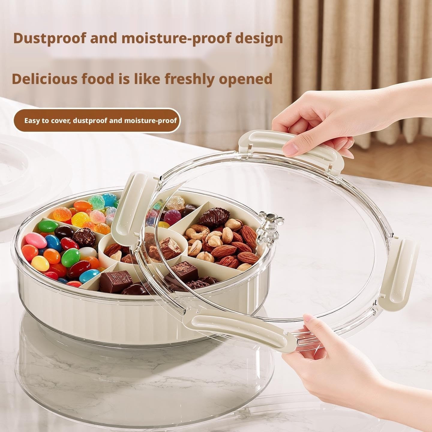 Rotating Snack Organizer with Lid,Accessible Luxury and High-End Snacks, Melon Seeds, Candies, Dried Fruits and Nuts Plate, Living Room Coffee Table, High-Looking Fruit Plate (Cream)