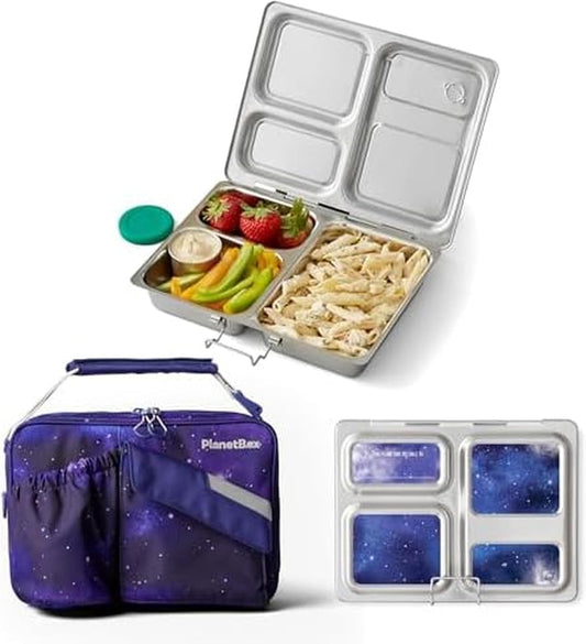 PlanetBox Rover Stainless Steel Bento Box Style Lunch Box Kit for Kids with 5 Compartments – xxxx Edition includes Insulated Lunch Bag, Leakproof Food Containers and Matching Magnets