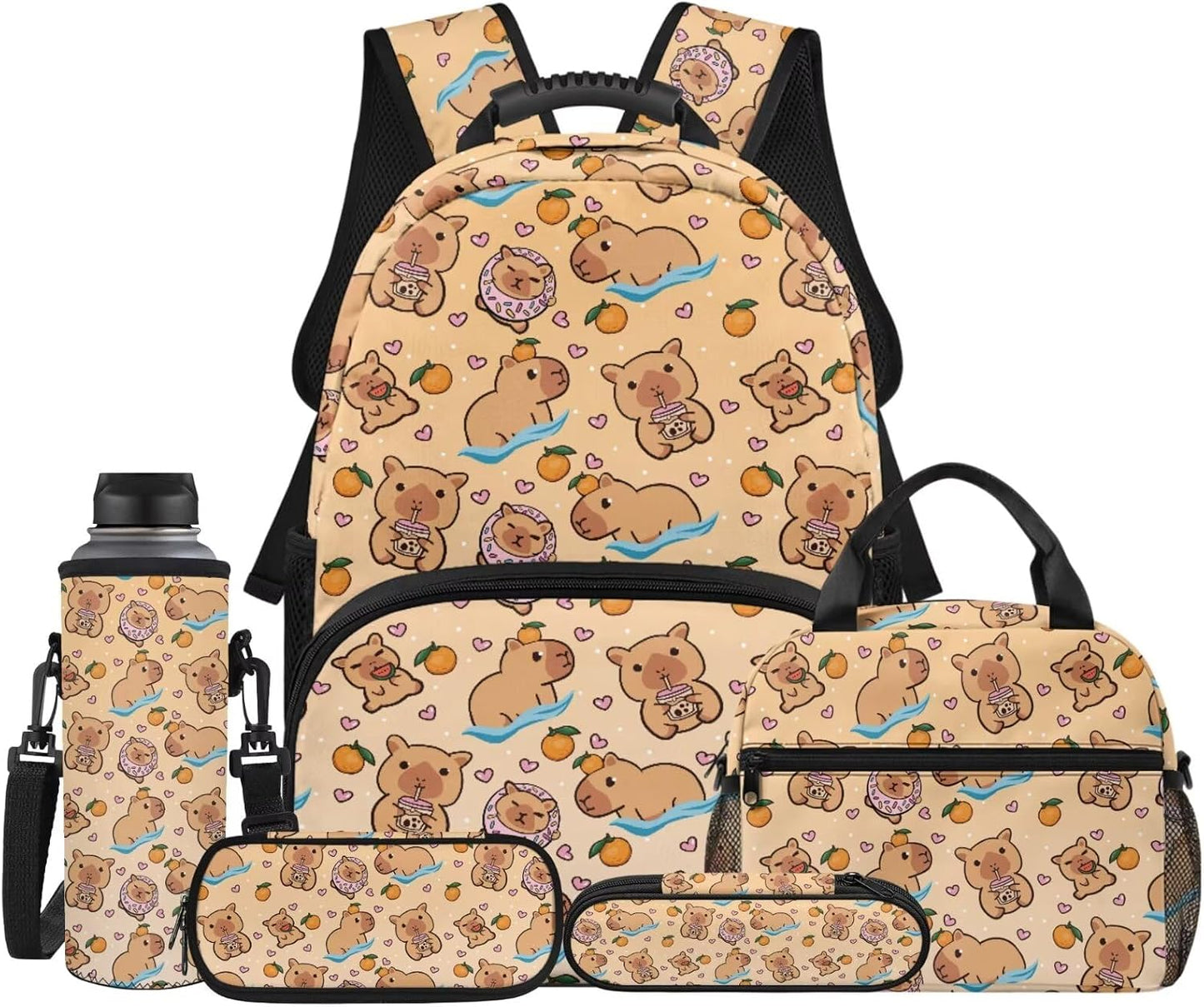 Cute Capybara Pizza Backpack for Girls, 5 Pcs Boys School Bag Set for Kids, 17 Inch Backpacks Lunch Pencil Box Reusable Utensils Case Set for Middle Elementary School, 3rd Grade Backpack