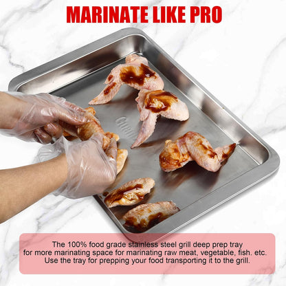 Grilling Prep and Serve Trays, Set of 2 Stackable Stainless Steel BBQ Trays, Deep Marinating Container, Serving Platter for Plating Food, BBQ Prep Tub for Marinating Meats, Grill Accessories
