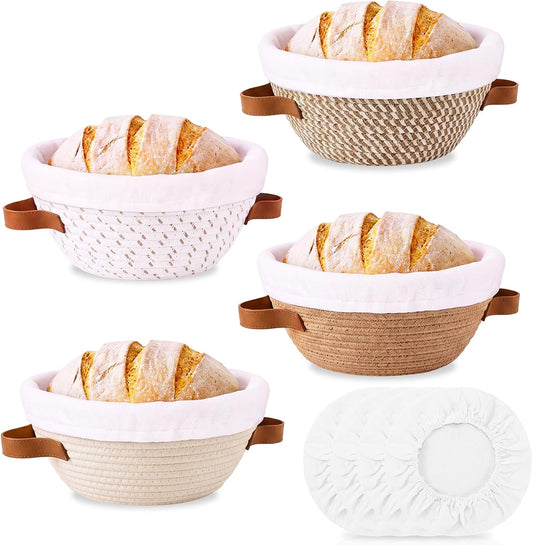 4 Pcs 9 Inch Banneton Bread Proofing Basket Set, Cotton Rope Bread Basket with Cloth Liners and Dust Caps, Sourdough Proofing Bowls for Home Room Kitchen, Classic Colors