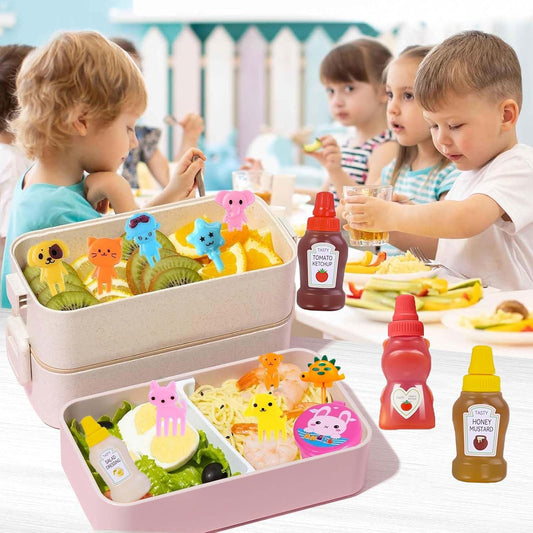 72 Pack Lunch Box Accessories, Including Mini Ketchup Bottle Bear Shaped Condiment Squeeze Bottles Small Sauce Containers Animal Food Picks for Travel Bento Box Picnic