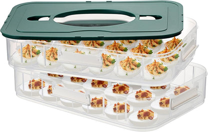 BTSKY Deviled Egg Platter with Lid, 3-Layer 54 Slots Deviled Eggs Carrier, Clear Portable Egg Holder for Fridge Reusable Deviled Eggs Tray Carton Box for Easter and Party Favor (3-Layer, Orange)