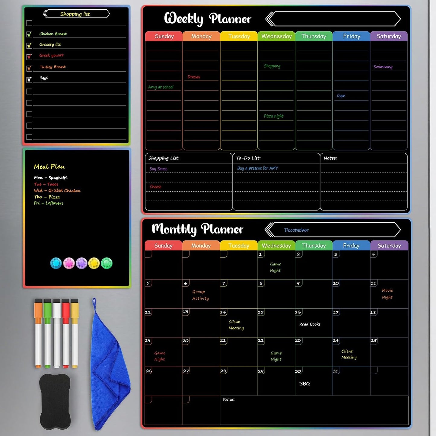 MaxGear 4 Pack Magnetic Fridge Calendar Set, 15" x 11.5" Dry Erase Whiteboard Calendar for Refrigerator, Includes Monthly, Weekly, List and Small Board with 5 Markers, 1 Eraser and 5 Magnets